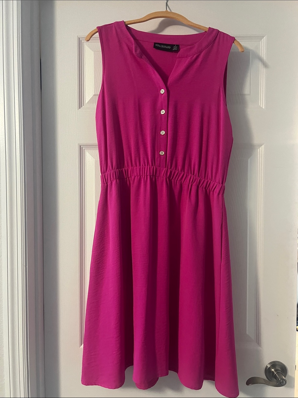 Nina Leonard Sleeveless Hot Pink Button-Front Mini Dress